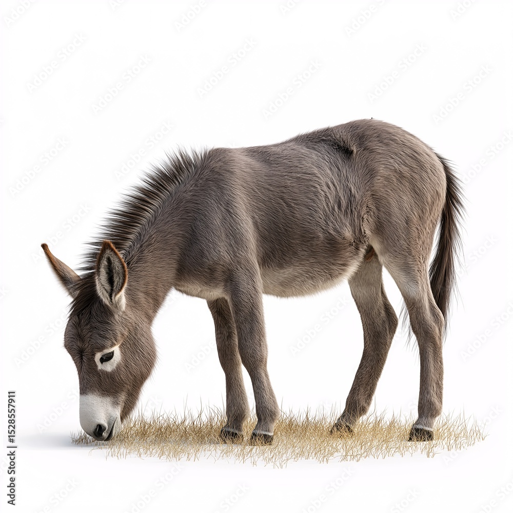 Obraz premium Gray Donkey Grazing in Pasture - Cute Domestic Livestock in Rural Nature Scene