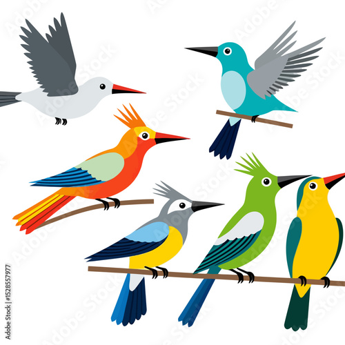Colorful Bird Illustration-Vector Image of Exotic Birds-Birds on Branches-Tropical Bird Clipart-Perfect for Children's Books-Nature Illustration-Bird Art