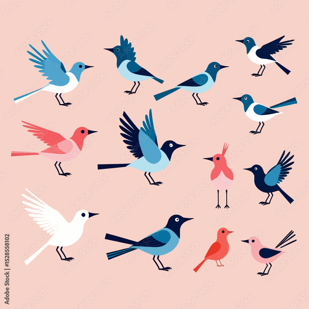 Obraz premium Colorful Birds Illustration-Cute Bird Art Print- Whimsical Bird Design-Childrens Room Decor-Nature Inspired Artwork-Bird Lover Gift-Illustrated Birds-Pink Background