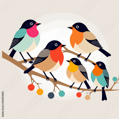 Colorful Birds on Branch Illustration- Whimsical Bird Art Print- Cute Bird Drawing for Nursery Decor- Modern Bird Motif- Playful Avian Artwork- Nature Inspired Design