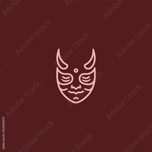 Oni mask logo in bold and intricate line art design.