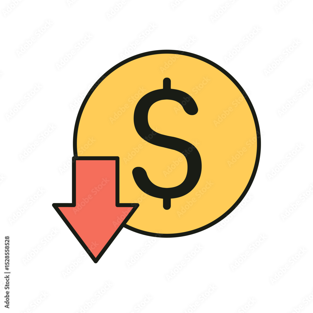 Obraz premium Flat Vector Graphic of Money Decrease Symbol Showing Dollar Sign and Down Arrow in Minimal Style