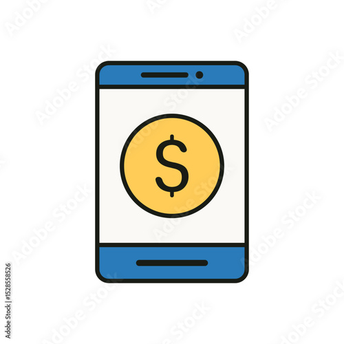 Mobile Payment App Icon with Blue Smartphone and Currency Sign in Minimal Outline Style