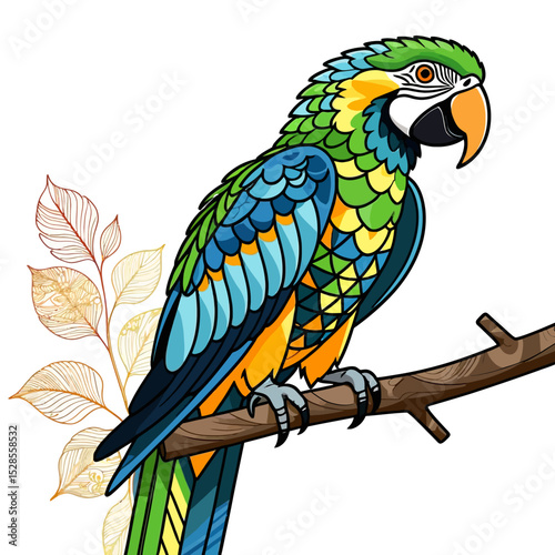 Colorful Parrot Illustration-Detailed Macaw Perched on Branch-Exotic Bird Art with Vibrant Plumage-Tropical Wildlife Design-Eye Catching Bird Drawing