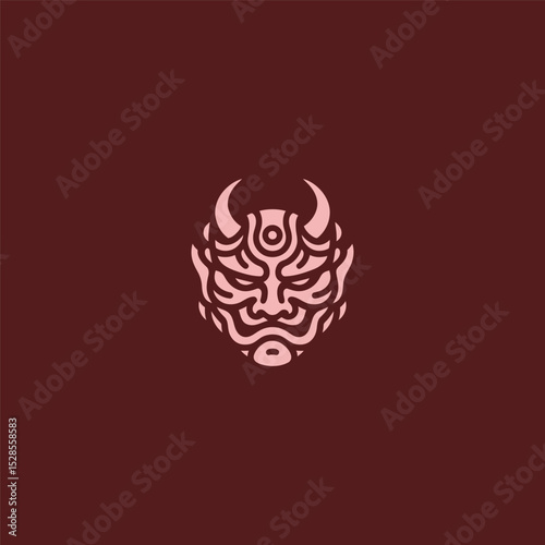 Oni mask logo in bold and intricate line art design.