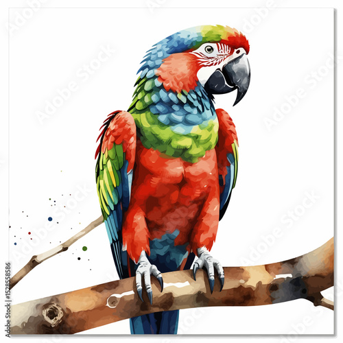 Colorful Watercolor Parrot Illustration- Vibrant Bird Art Print for Home Decor- Detailed Macaw Painting on Branch- Artistic Parrot Design for Bird Lovers