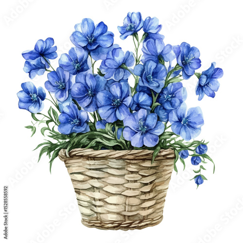 A Delphinium Flower Basket, watercolor painting vector, high quality, isolated on a white background.