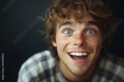 Happy Young Man Smiling in Casual Plaid Shirt. Capturing Joyful Expression and Vibrant Personality