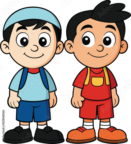 Two schoolboys cartoon silhouette isolated on white background