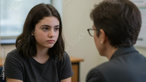 Teenage girl in serious conversation with adult
