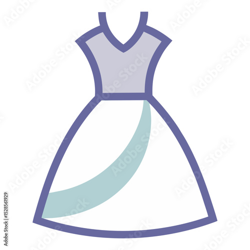 A clean and minimalist outline icon depicts a dress with a V-neck bodice in light purple and a flowing skirt with a diagonal light blue accent. The overall design is simple and stylized.