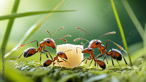 Ants in this macro shot work together to lift food with their colony, showcasing the cohesiveness and power of teamwork in the small but coordinated world of insects.
