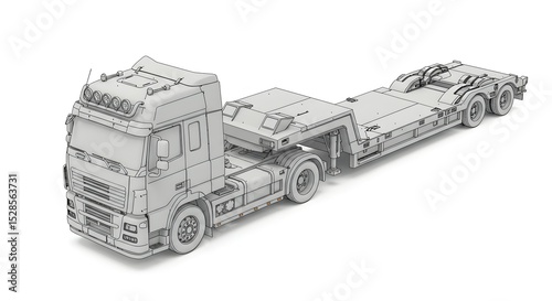 Lowboy Trailer Truck 3D Wireframe Model