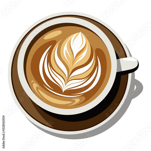 A top-down illustration of a cup of coffee with a perfect latte art design resembling a Rosetta or fern leaf.