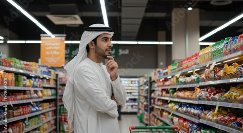Middle Eastern Man Shopping Thoughtfully in Supermarket Aisle