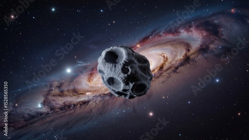 An asteroid floats through the expansive universe. 