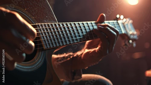 Close-Up of a Musician Playing Acoustic Guitar with Warm Lighting and Emphasis on Strings and Fingers