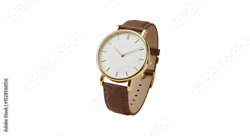 minimalist floating highly product shot of a classic analog wristwatch with a round white dial, slim golden bezel