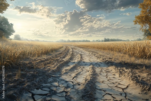 Drought-Affected Farmland Path at Sunset. Capturing Rural Serenity in Scenic Golden Hour Photography