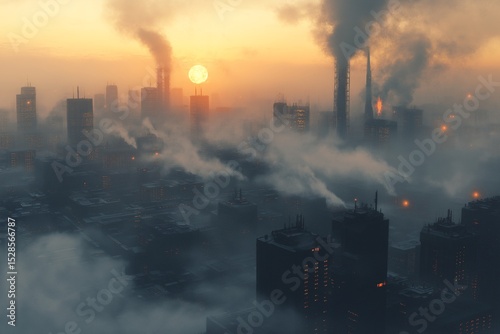 Urban Pollution and Industrial Smog. A Dystopian Future Cityscape at Sunset with Towering Smokestacks and Contaminated Atmosphere