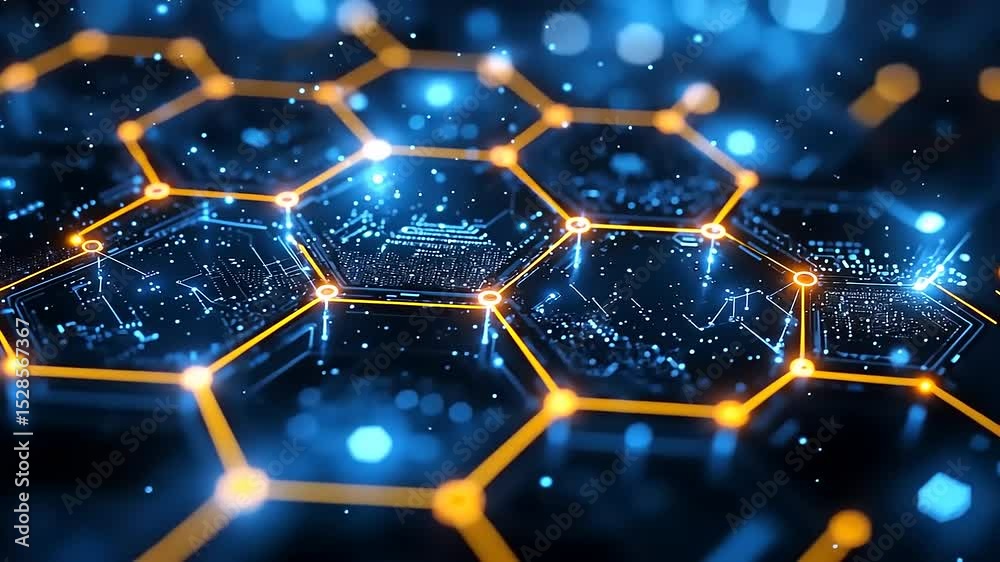 Futuristic abstract technology background with glowing hexagons and digital circuit
