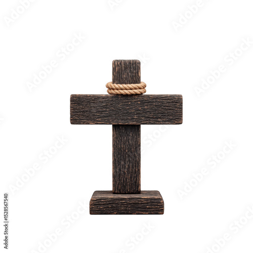 Wooden cross with rope wrapped around top, symbolizing faith and spirituality, stands against plain background. rustic texture adds sense of tradition and history