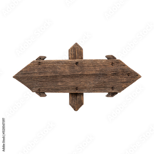 Rustic wooden arrow sign with weathered texture, pointing in both directions, ideal for navigation or decoration. aged wood gives it vintage feel