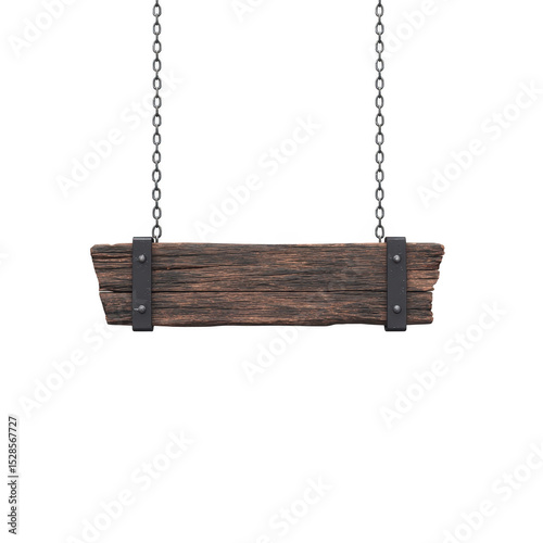 Rustic wooden signboard hangs from metal chains, showcasing vintage aesthetic. dark wood texture and metal accents create classic, timeless look suitable for various settings