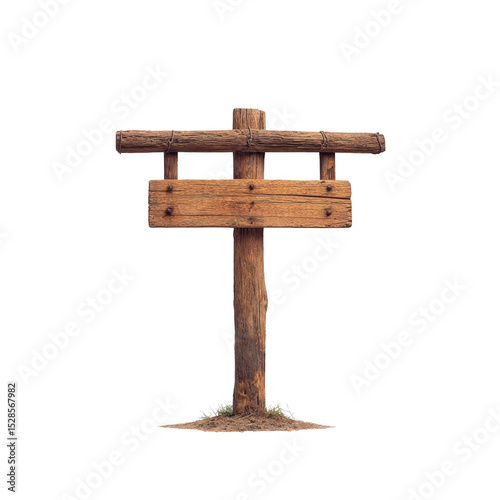 Rustic wooden signpost stands on patch of grass, featuring blank wooden board ready for text or decoration. natural wood texture and earthy tones evoke sense of simplicity and nature
