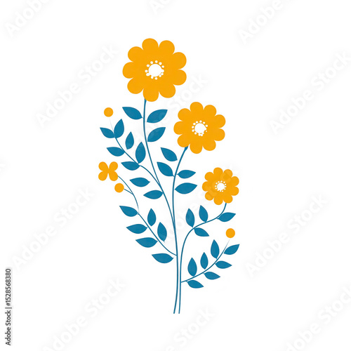 Vibrant illustration of yellow flowers with blue leaves on transparency background, showcasing simple and elegant floral design. contrast between colors creates striking visual effect