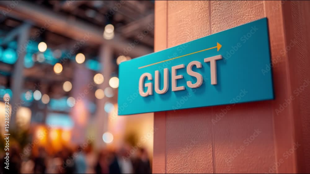 A guest sign with an arrow on a blue background at an event with blurred people in the background