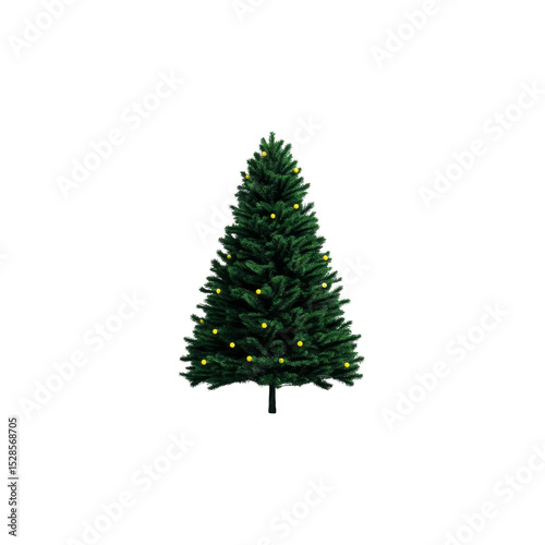 Decorated Christmas tree with glowing yellow lights stands against plain background, evoking festive and joyful holiday spirit