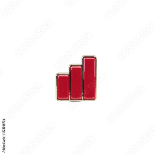 Red bar chart icon with three ascending bars, symbolizing growth or progress, is depicted on plain background. bars are outlined in metallic color, adding sleek touch