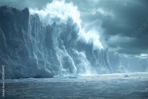 Epic Frozen Landscape. Massive Glacier Waterfall Amidst Stormy Clouds in Arctic Wilderness