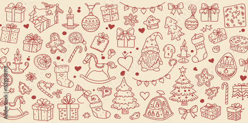 Seamless vector pattern with contemporary minimalist line art christmas holidays elements. Hand drawn candles, decorations, gifts, drinks doodles on wide background