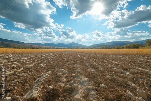 Breathtaking Agricultural Landscape. Plowed Soil, Harvest Crops, and Rural Horizon under Dramatic Sunset Sky