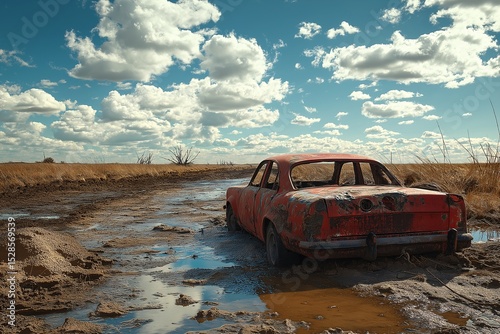 Rusty Vintage Automobile on Dirt Road. Abandoned Car in Rural Landscape Under Blue Sky with Fluffy Clouds - Explore Vintage Automotive Art and History of Vehicles in Scenic Countryside Photography