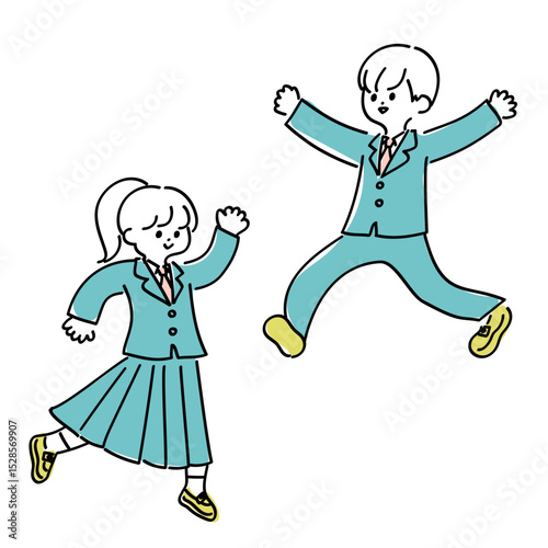 面白いポーズの高校生の男女　線画のゆるかわいいイラスト