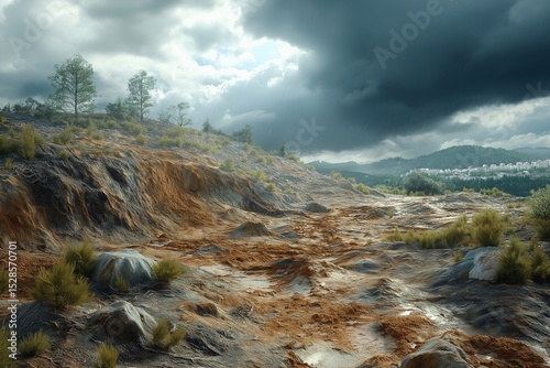 Scenic Beauty of a Rocky Terrain Landscape Under Stormy Skies. Panoramic View of Moody Weather Patterns and Natural Scenery