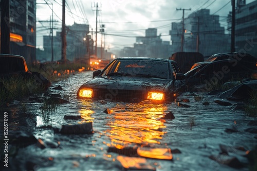 Urban Flood Chaos. Abandoned Cars in a Waterlogged Cityscape Reflected by Overcast Sky