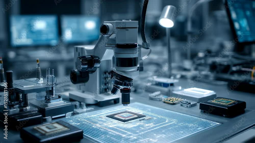 Advanced laboratory equipment performing detailed microchip analysis on illuminated circuit board, showcasing precision electronics research and technological innovation