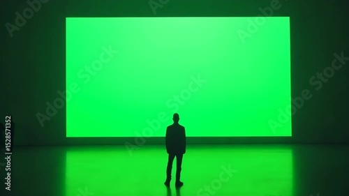 Large green screen with people observing.