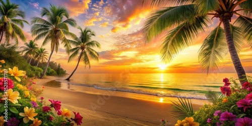 Serene Coastal Sunset Vibrant Tropical Beach Scene with Lush Palm Trees and Colorful Flowers at Golden Hour