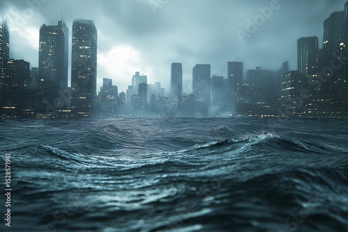 Powerful Urban Storm. Dramatic Cityscape with Dark Skies, High-Rise Reflections, and Turbulent Weather in the Coastal Skyline