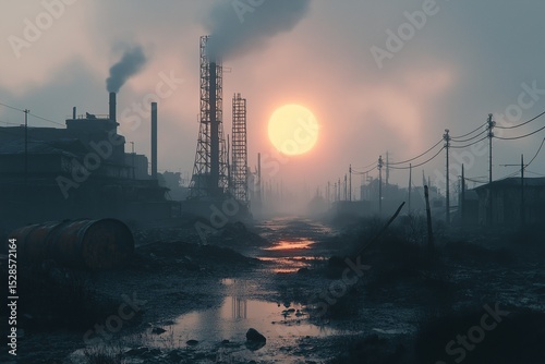 Industrial Pollution at Sunset. Dramatic Urban Factory Landscape with Smokestacks and Smog