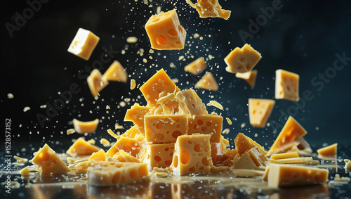 A delicious-looking cheese photo floating on a dark background, showing off its creamy texture and tempting melting effect, creates an appetizing impression, perfect for food advertising materials.