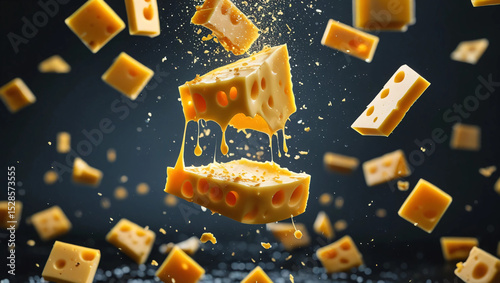 A delicious-looking photo of melted cheese floating on a dark background, showing its creamy texture and tempting melting effect, creating an appetizing impression. 