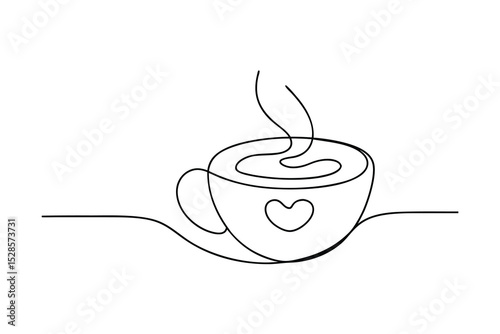 One line drawing hot coffee cup with heart