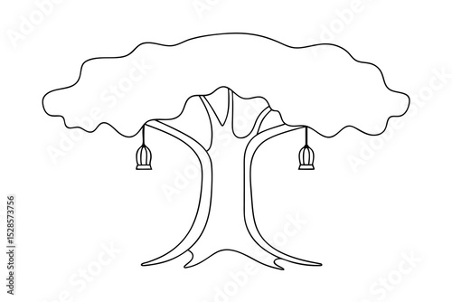 Line drawing of a large tree with two birdcages hanging