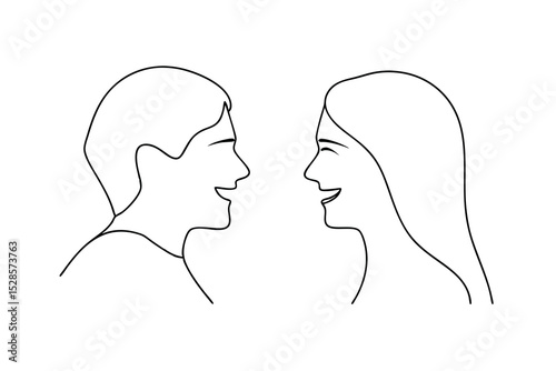 Happy couple line drawing profile faces smiling together